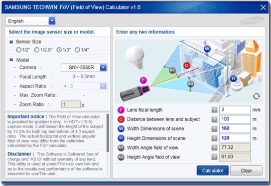 Tính toán trường quan sát của camera bằng phần mềm (Field Of View) Calculator cung cấp bởi hãng Samsung Techwin